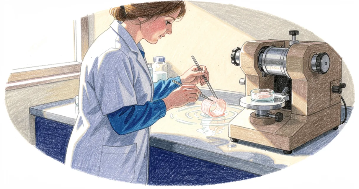 An illustration of a histology technician floating pale tissue sections beside a rotary microtome.