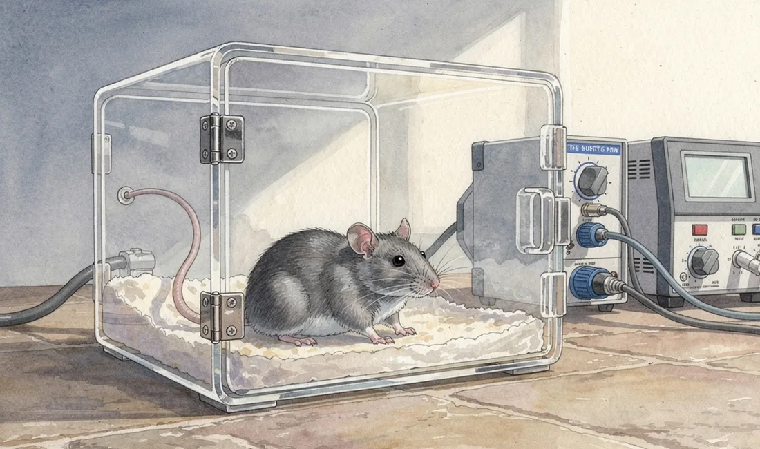 An illustrated laboratory mouse in a spacious clear metabolic monitoring chamber beside quiet bench equipment.